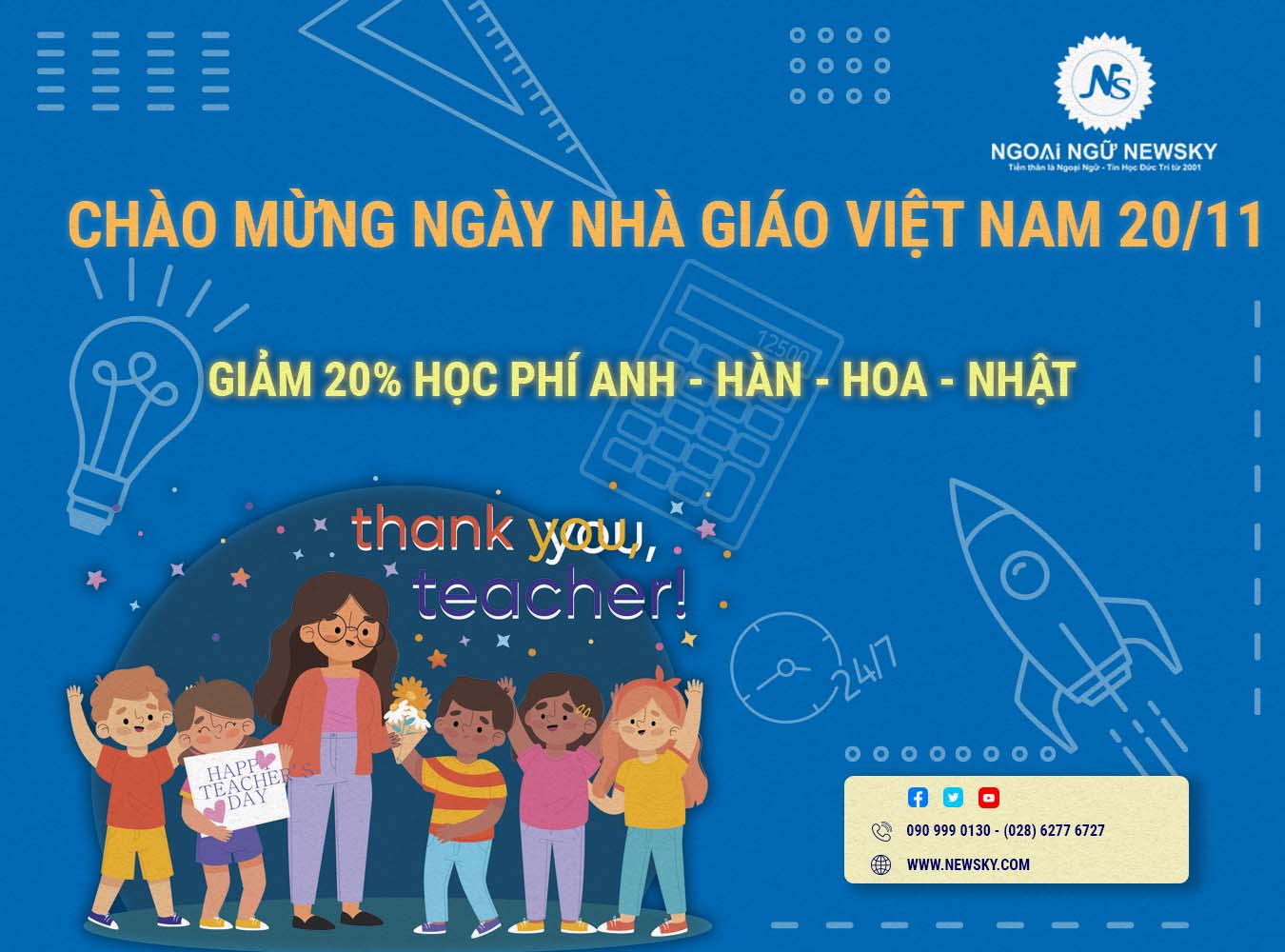 Mừng ngày Nhà giáo Việt Nam 20/11 giảm 20% học phí Anh – Hàn – Hoa – Nhật