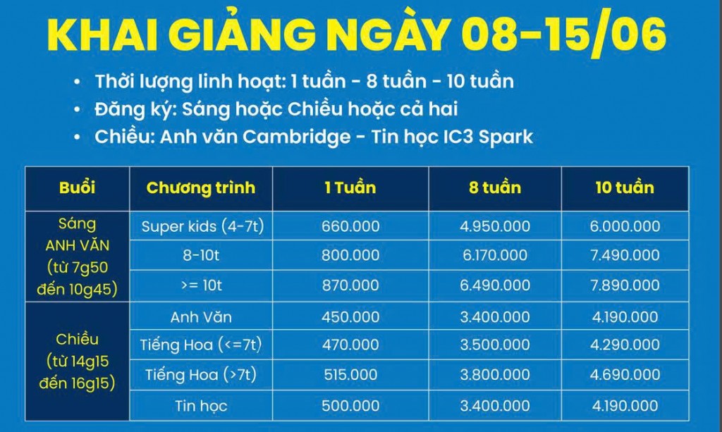Học phí Khóa Hè 2026 tại NewSky